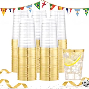 I00000 100PCS Gold Plastic Cups10 oz Clear Plastic Cups with Gold Trim Beer MugsDisposable Hard Cup For Party Premium Cup Perfect for Wedding Party
