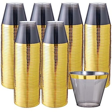 supernal Superrnal 100pcs Gold and Black Plastic Cups 9OZ Elegant Gold Rimmed Clear Party Cups Fancy Disposable Wedding Cup Plastic Cup for PartyGatherings Afternoon Tea