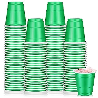 Roshtia 100 Pack 2 oz Plastic Shot Cups Mini Disposable Shot Glasses 2 oz Wedding Party Cups for Bridal Shower Wedding Party Beer Taste Serving SnacksGreen