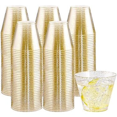 I00000 200pcs Gold Plastic Cups 9 OZ Hard Gold Glitter Disposable Cups for Cocktail Drinking Premium Disposable Plastic Glasses with Gold Glitter for Fancy Wedding Cups Elegant Party Glasses