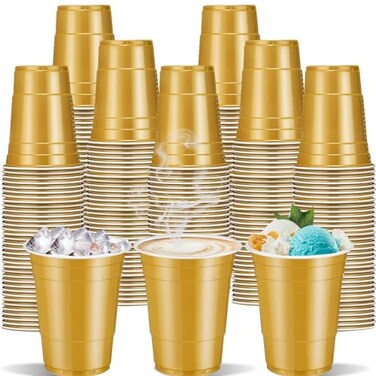 cssopenss 120 pcs Gold plastic cups 16 oz Carnival plastic Disposable Cups gold Party Cups for drinking Tastings served Snacks Barbecues Picnics