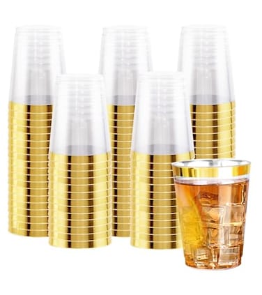 Ciaell 120PCS Gold Plastic Cups 10Oz Heavy Duty Clear Plastic Cups with Gold Rim Gold Rim Disposable Cups for Wedding Birthday