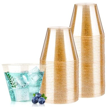 Goodluck 50PCS 9oz Glitter Plastic Cups for Party Disposable Gold Cups Plastic Cocktail Glasses for Wedding Thanksgiving Christmas and Parties