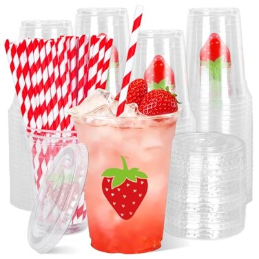 Whaline 50Pcs Strawberry Disposable Plastic Cups with Lids and Straws 12 Oz Red Summer Fruit Cold Beverage Drinking Cups for Sweet One First Birthday Baby Shower Party