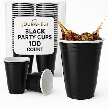 Durameg Black Disposable Plastic 16 oz Cups 100 Pack Durable Fun Pong Cups for Water Beer Smoothie Games