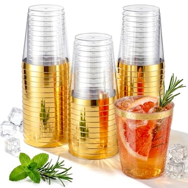 Nervure 120PCS Gold Plastic Cups 10Oz Gold Rim Plastic Cups Heavy Duty Disposable Cups Clear Cup with Gold Rim for Weddings Birthdays Gatherings and Party