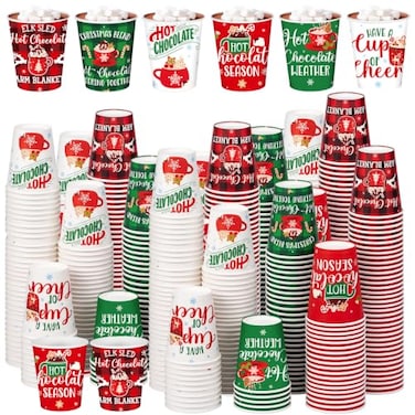 Layhit 240 Pcs Christmas Hot Cocoa Coffee Paper Cups 8 oz Small Size Disposable Hot Beverage Chocolate Coffee Drinking Cups Bulk for Xmas Holiday Party Bar Drinkware Supplies