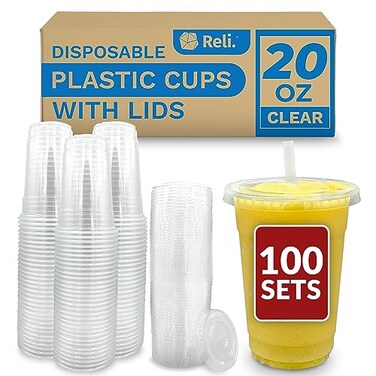 Reli. Reli Plastic Cups with Lids 20 oz 100 Sets Clear Plastic Cups with Lids To Go Leak Proof Use for Smoothies Iced Coffee