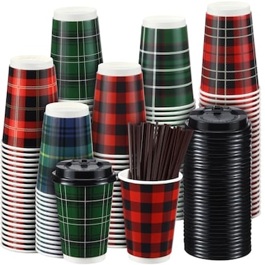 Yungyan 120 Pack 12 oz Christmas Hot Cups with Lids Buffalo Plaid Disposable Coffee Cups with Stirrers Stir Straws Disposable Paper Cups for Party Hot Cocoa Chocolate Cold Drinks Coffee Shops
