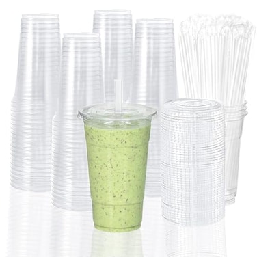 TashiBox 100 sets 24 oz plastic cups with flat lids and straws smoothie cups with lids and straws meal prep plastic large cups