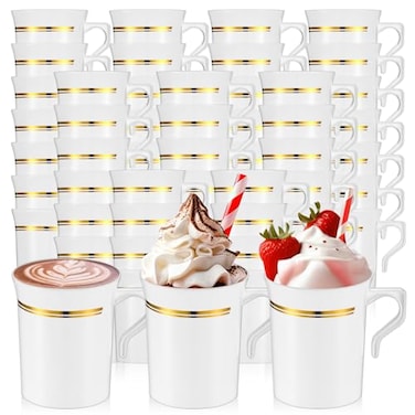 Baderke 48 Pcs Plastic Coffee Cups with Rim 8 oz Disposable Coffee Mugs with Handle Disposable Tea Cups Espresso Beverage Plastic Mugs for Wedding WhiteGold