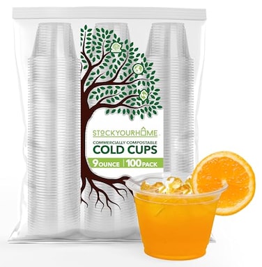 Stock Your Home Commercially Compostable Cups 9oz 100 pack Clear Plastic Cold Cups Disposable Cups for Parties Everyday Use