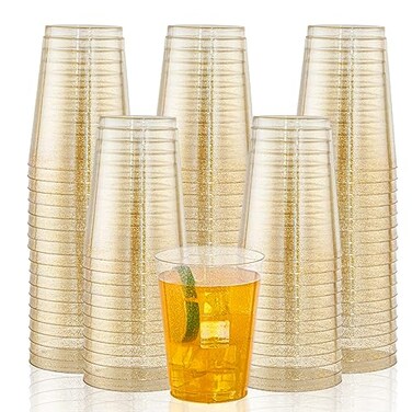 I00000 200pcs Gold Plastic Cups 10 OZ Hard Gold Glitter Disposable Cups For Cocktail And Drinking Premium Disposable Plastic Cup with Gold Glitter For Fancy Elegant Party Cup