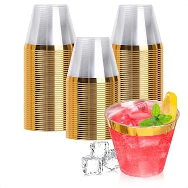 Goodluck 100PCS 9oz Gold Plastic Cups for Party Disposable Gold Rim Cups Plastic Cocktail Glasses for Wedding Thanksgiving Christmas and Parties