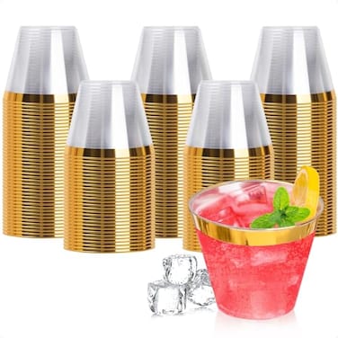 Goodluck 200PCS 9oz Gold Plastic Cups for Party Disposable Gold Rim Cups Plastic Cocktail Glasses for Wedding Thanksgiving Christmas and Parties
