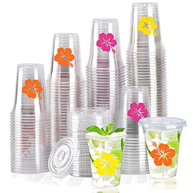Datyiiha 150 Pack Hawaii Laua Cups 12 oz Clear Plastic Tropical Cups Hawaii Hibiscus Disposable Drinking Cups with Lids for Beach Hawaiian Luau Party Supplies Drinkware Decorations