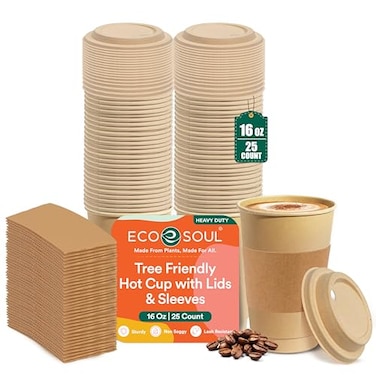 ECO SOUL 25 Pack 16 oz Disposable Coffee Cups with Lids Sleeves EcoFriendly Biodegradable Compostable Leakfree Sturdy To Go Hot Drink Cup for Tea Chocolate Party Travel Cafe Office Home