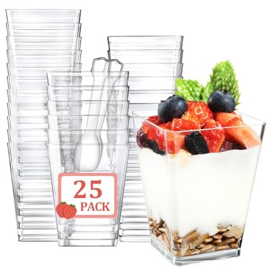 Eupako 25 Pack 5 OZ Plastic Mini Dessert Cups with Spoons Clear Small Parfait Cups Square Appetizer Cups for Fruit Pudding Mousse Ice Cream Party Wedding Valentines Day