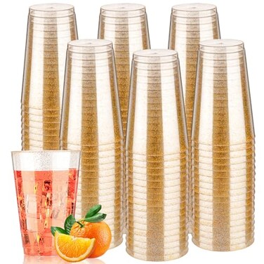 Goodluck 14 oz 200 PCS Gold Glitter Plastic Cups Disposable Glitter Cups Elegant Plastic Cocktail Glasses Fancy Party Cups for Wedding Birthday Holiday