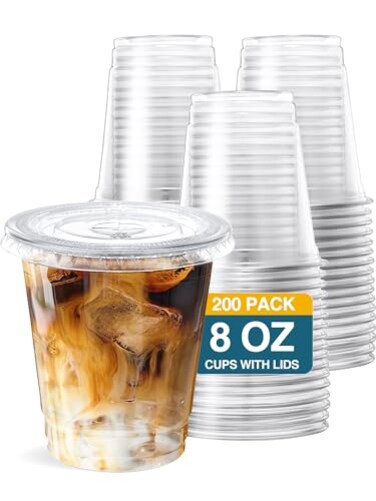 SHOPDAY 8 ozPlasticCupswithLids 200 Pack Disposable Clear Cups with Lids Small Cup for Cold Drink Smoothie Food Coffee Cup