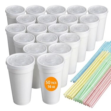 RIKICACA 16 Oz Styrofoam Cups with Lids and Drinking Straws Disposable White Foam Cups for Hot Cold Drink Beverage To Go Drinking Container for Coffee Tea Juice 50Sets150pcs