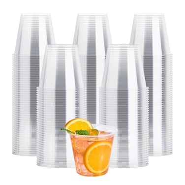 JOLLY CHEF 100 Pack Clear Plastic Cups 9 oz Crystal PET Party Cups Classic Clear Disposable Wine Cup for Wedding Thanksgiving Birthday Halloween Christmas Party