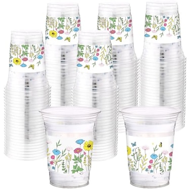 Hushee 60 Pcs Summer Plastic Cups Floral Cups with 16 oz Disposable Wildflowers Drinking Cup for Summer Birthday Baby Shower Party Supplies
