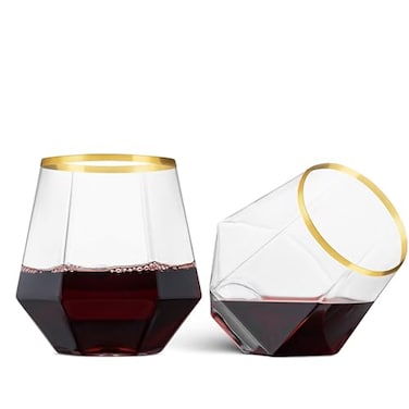 Munfix Gold Rim Plastic Stemless Wine Glasses 32 Pack Diamond Shaped Unbreakable Disposable 12 Oz Clear Plastic Wine Champagne Whiskey Cups Shatterproof Recyclable and BPAFree
