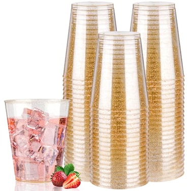 Goodluck 10 oz 50 PCS Gold Glitter Plastic Cups Disposable Glitter Cups Elegant Plastic Cocktail Glasses Fancy Party Cups for Wedding Birthday Holiday