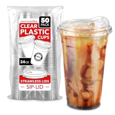 Stock Your 24 oz Clear Plastic Cups with Lids Disposable Togo Drinking Cup with Strawless Sip Lid for Smoothie Cold Brew Iced Coffee Lemonade Ice Latte Boba Party Drinks Bulk 24 Ounce Set of 50
