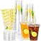 Whaline 50Pcs Lemon Disposable Plastic Cups with Lids and Straws 12 Oz Yellow Summer Fruit Cold Beverage Drinking Cups for Birthday Baby Shower Party Supplies
