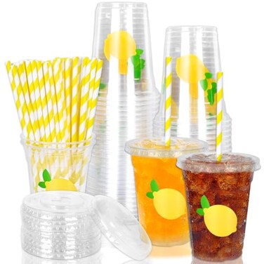 Whaline 50Pcs Lemon Disposable Plastic Cups with Lids and Straws 12 Oz Yellow Summer Fruit Cold Beverage Drinking Cups for Birthday Baby Shower Party Supplies