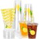Whaline 50Pcs Lemon Disposable Plastic Cups with Lids and Straws 12 Oz Yellow Summer Fruit Cold Beverage Drinking Cups for Birthday Baby Shower Party Supplies