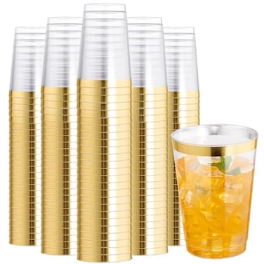 I00000 200 Pack 12 oz Gold Plastic Cups Clear Disposable Cups Disposable Plastic Wine Glasses Cocktail Glasses Premium Cups with Gold Rim 12 Ounce Tumblers for Party Wedding