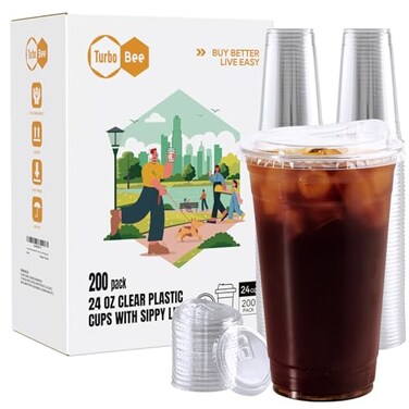 Turbo Bee 24 OZ 200 Sets Clear Plastic Cups with Strawless Sip Lids To Go Crystal Clear Disposable Plastic Cups with Lids for Iced Coffee Smoothies Soda Lemonade Cold Beverage