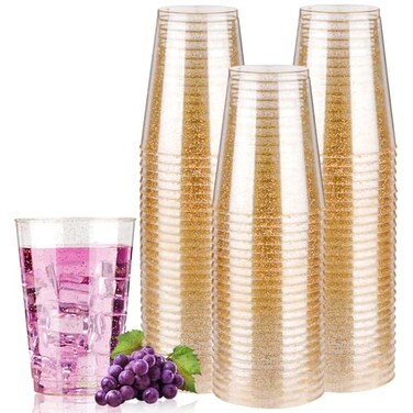 Goodluck 12 oz 50 PCS Gold Glitter Plastic Cups Disposable Glitter Cups Elegant Plastic Cocktail Glasses Fancy Party Cups for Wedding Birthday Holiday