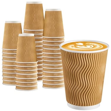 BYSNOW 100 Pack 12 oz Coffee Cups Disposable Insulated Hot Cups To Go Paper Coffee Cups Corrugated Ripple Wall Cup for Hot Drink Office Coffee Bar Champagne 12 oz