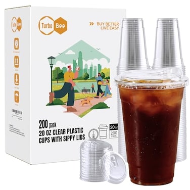 Turbo Bee 20 OZ 200 Sets Clear Plastic Cups with Strawless Sip Lids To Go Crystal Clear Disposable Plastic Cups with Lids for Iced Coffee Smoothies Soda Lemonade Cold Beverage