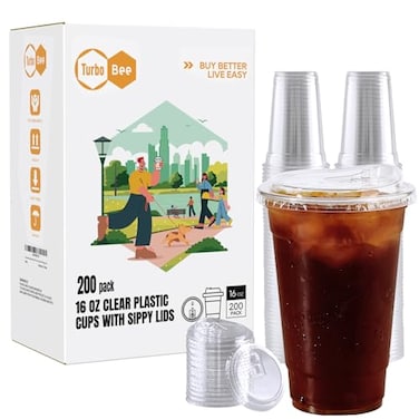 Turbo Bee 16 OZ 200 Sets Clear Plastic Cups with Strawless Sip Lids To Go Crystal Clear Disposable Plastic Cups with Lids for Iced Coffee Smoothies Soda Lemonade Cold Beverage