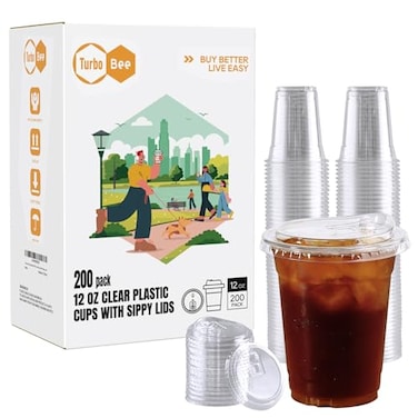 Turbo Bee 12 OZ 200 Sets Clear Plastic Cups with Strawless Sip Lids To Go Crystal Clear Disposable Plastic Cups with Lids for Iced Coffee Smoothies Soda Lemonade Cold Beverage