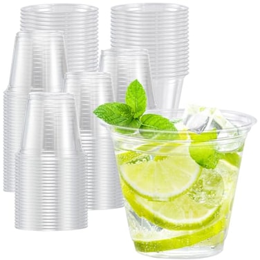 Lamosi 100 Pack 9 oz Clear Plastic Cups Disposable Cups Wine Cocktail Punch Sturdy Food Safe Plastic Cup for Party Wedding