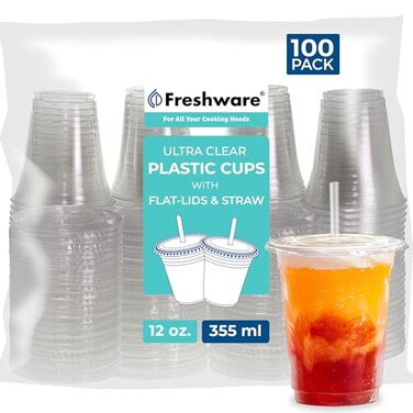 Freshware 12 oz Clear Disposable Plastic Cups with Flat Lids and Straws 100 Pack Clear Plastic Cups Tumblers Heavyduty Party Glasses Disposable Cups for Thanksgiving Halloween Christmas Party