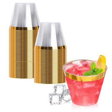 Goodluck 50PCS 9oz Gold Disposable Cups Plastic Cups with Gold Rim Cocktail Cups for Wedding Party and Birthday
