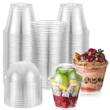 AOZITA 50 Sets 9 oz Clear Plastic Cups with Dome Lids No Hole Disposable Cups for Ice CreamCakeFruitParfait Dessert Pudding and Jello Shot
