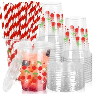 JarThenaAMCS 50 Pcs Cherry Plastic Cups with Lids and Straws Red Cherry Flower Heart Clear Plastic Cups 12 Oz Disposable Cup for Spring Summer Daily Holiday Party Supplies