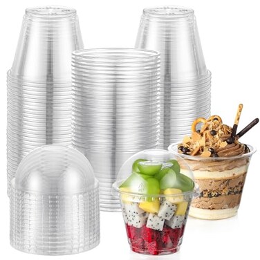 AOZITA 100 Sets 9 oz Clear Plastic Cups with Dome Lids No Hole Disposable Cups for Ice CreamCakeFruitParfait Dessert Pudding and Jello Shot