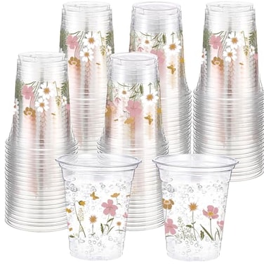 Hushee 60 Pcs Boho Floral Cups with Spring Summer Flower 16 oz Wildflowers Plastic Disposable Drinking Cups for Summer Spring Autumn Birthday Baby Shower Party Supplies