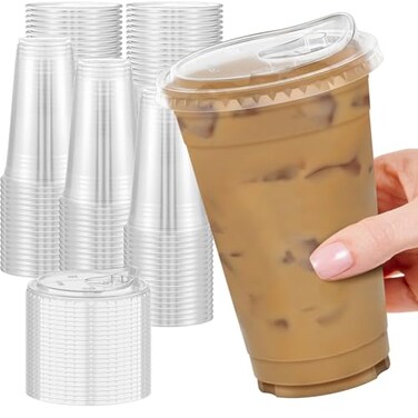 Dealusy 100 Pack 20 oz Clear Plastic Cups with Lids Sturdy Food Safe Iced Coffee Cups with lids Disposable Plastic Smoothie Cups for Cold Drinks Sip Lids