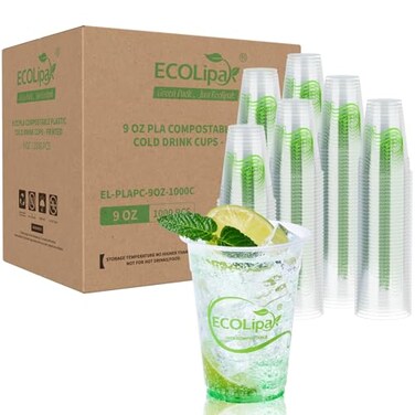 ECOLipak 1000 Count 9 OZ Clear Compostable Plastic Cups Disposable PlantBased Biodegradable Drinking Party Cups PLA Plastic Cold Tumblers for Restaurant Office Canteen Large Gathering