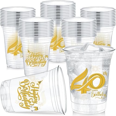 Yiyiring 60 Pcs 12 oz 40th Birthday Party Plastic Cups Clear Happy Birthday Tumblers for Celebrating 40 Years Disposable Party Supplies